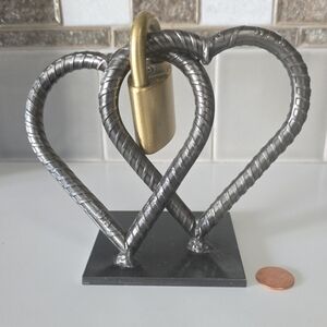 Valentine's Handmade Industrial Solid Steel Brass Locked Double Heart Sculpture